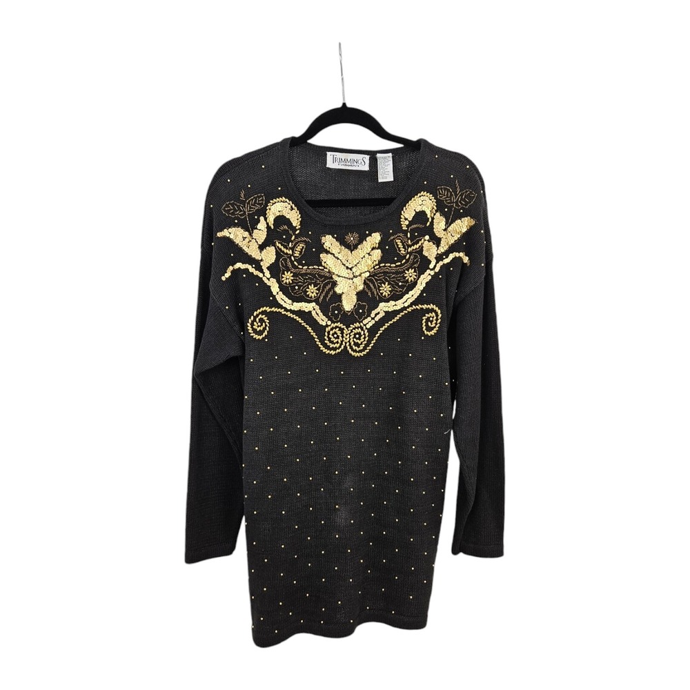 Vintage Black Sequin Sweater Dress Gold Beaded Women's M 80's Party Trimmings
